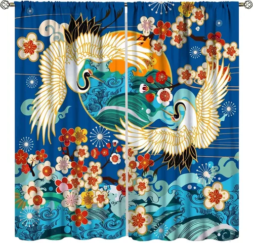 Miniatura 11 de Cortinas de estilo japonés, flor de cerezo, grúa de amanecer, estilo asiático, cortinas opacas para dormitorio, sala de estar, juego de 2 paneles