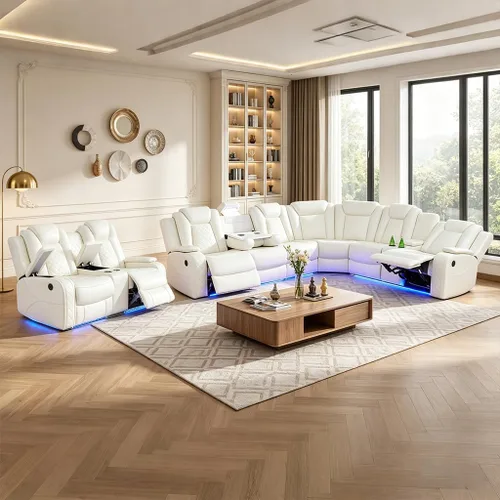 Miniatura 30 de Juego de sofá modular reclinable eléctrico con LED, juegos de muebles de sala de estar, sofá reclinable de cuero para sala de estar/cine en casa