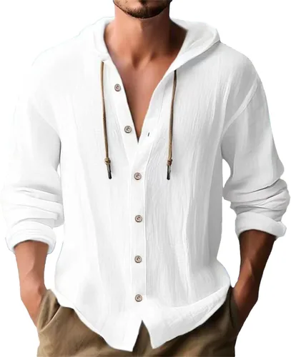 Miniatura 19 de Camisas de manga larga con botones para hombre, camisa con capucha a rayas verticales, casual, para vacaciones, verano, ligera, con cordón Z21