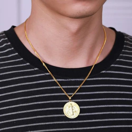 Miniatura 5 de WIOY Collar de medalla de San Benito de plata de ley 925, regalo de joyería católica de San Benito para hombres y mujeres