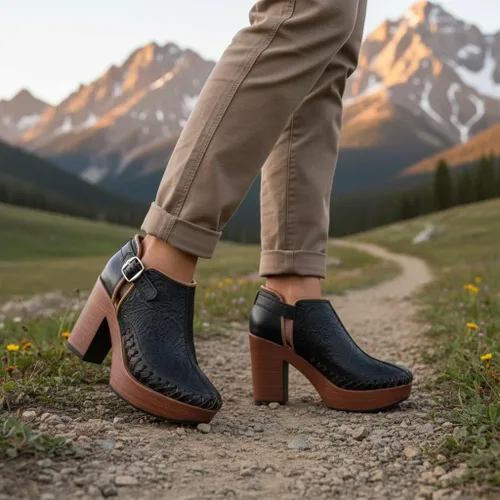 Miniatura 14 de Botines de piel auténtica grabados mexicanos con correa para mujer - Modelo 490