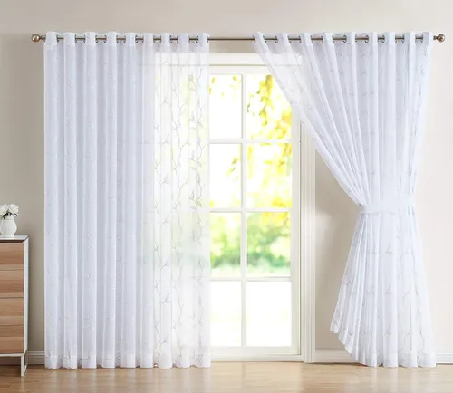 Miniatura 18 de Cortinas LinenZone de piso a techo para ventanas extra anchas. Cortinas transparentes blancas para divisores de habitación con bordado de hojas rosa