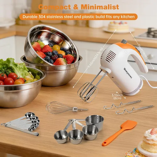 Miniatura 7 de Batidora de mano eléctrica de 5 velocidades de 300 W con 3 cuencos de mezcla de anidación gruesos, tazas y cucharas medidoras, mezclador completo