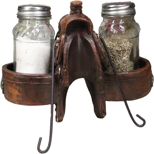 Ebros Gift Country Western Cowboy Horse Sillín con 2 alforjas y conchos plateados, juego de estatuillas de sal y pimentero, acabado de cuero,