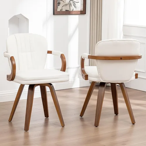 Miniatura 6 de Sillas de comedor giratorias de mediados de siglo, modernas sillas de cocina tapizadas de piel sintética negra con marco de madera curvada, sillas