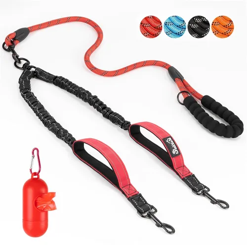 SlowTon Correa doble para dos perros – Correa para perro sin enredos, correa giratoria de 360° reflectante doble para perro con dos asas acolchadas,