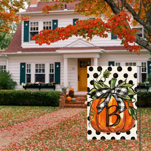 Miniatura 4 de AVOIN colorlife Bandera de jardín con monograma de otoño con letra B, diseño de calabaza, con diseño de lunares, 12 x 18 pulgadas, doble cara