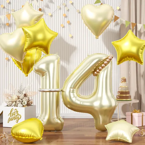Miniatura 59 de Globos dorados de color champán con el número 11, globos de oro claro, globo de aluminio dorado con forma de corazón con estrella y globo largo