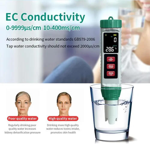 Miniatura 4 de Medidor de pH y probador de sal de piscina, medidor digital 5 en 1 de salinidad pH EC temperatura TDS para calidad del agua, probador de agua
