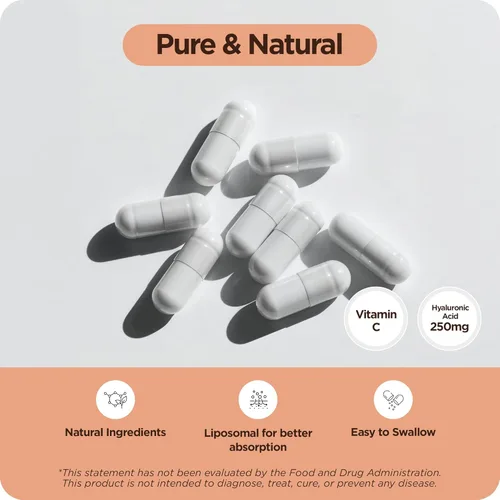 Miniatura 4 de Suplemento de ácido hialurónico puro de 250 mg con vitamina C de 50 mg, 120 cápsulas veganas, hidratación de la piel para un brillo natural
