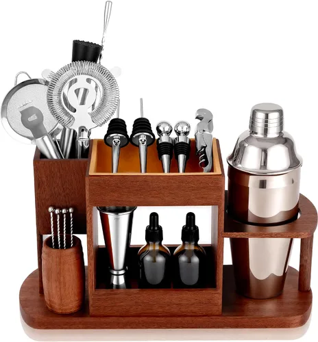 Miniatura 10 de Lexenic Muelle para hacer cócteles Kit de camarero mixología de 23 piezas con soporte de bambú de fácil acceso Juego de coctelera de acero