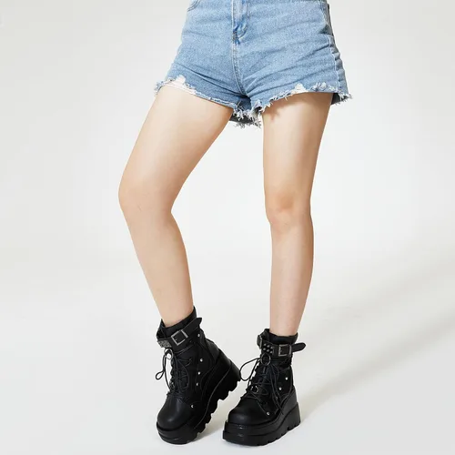Miniatura 8 de Tscoyuki Botines de plataforma para mujer, botines de tacón alto gruesos, botas de combate góticas, botas de combate para mujer, con cordones, cuñas