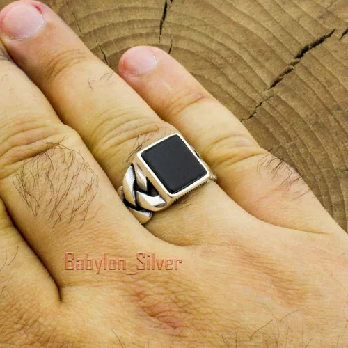 Miniatura 2 de Anillo de lujo de plata de ley 925 maciza auténtica, piedra de ónix negro