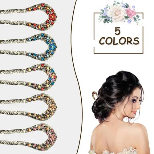 Miniatura 5 de Waydress 5 horquillas de pelo vintage para moños, pinzas de metal para moños, palillos de cristal con diamantes de imitación de doble punta, pasador
