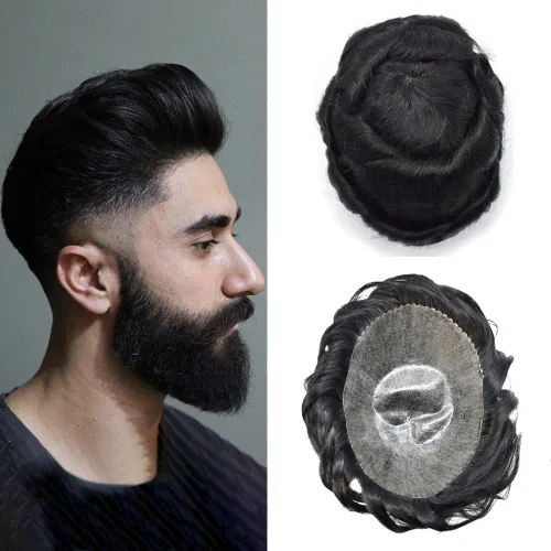 Miniatura 66 de Toupee para hombres pieza de pelo suave poli piel real sistema de cabello humano para hombre tupé durable PU piezas de pelo para hombres reemplazo