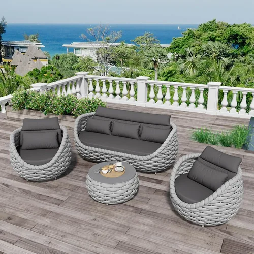 Miniatura 44 de Juego de muebles de patio de 4 piezas ensamblado, conjunto de sofá de conversación para exteriores de cuerda tejida a mano - Sofá de aluminio Cuerda