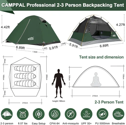 Miniatura 6 de Carpa de mochilero Camppal de 2-3 personas con puerta doble y 2 vestíbulos, impermeable, a prueba de viento, ligera, fácil de montar, para 3