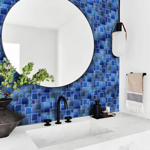 Miniatura 3 de Blujellyfish Azulejos de Mosaico de Vidrio Azul Patrón Francés Láminas de Mosaicos Cuadrados Vidrio Cristal Azul Cobalto Iridiscente Cerámica