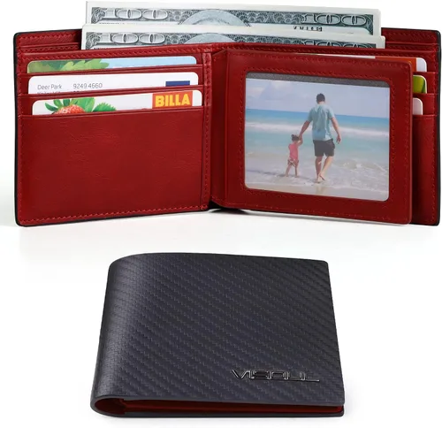 Miniatura 2 de VISOUL Billetera de cuero de fibra de carbono con bloqueo RFID para hombre con 2 ventanas de identificación cartera de cuero para hombre negro