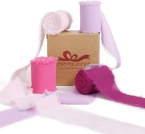 Miniatura 35 de Pretty Jolly Cinta de gasa beige para envolver regalos, 3 rollos de 2 pulgadas x 7 yardas, cinta de tela de seda hecha a mano con flecos para ramo