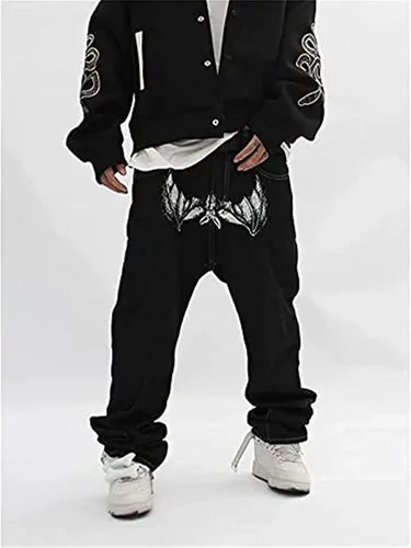 Miniatura 3 de SKYWPOJU Pantalones de mezclilla con bordado de calavera para hombre estilo vintage hip hop de los años 90 con diseño de patineta