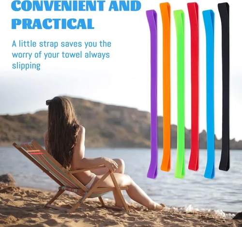 Miniatura 7 de Paquete de 6 bandas de toalla para silla de playa, bandas de goma resistentes al viento para toallas de playa, soporte de silicona elástico colorido