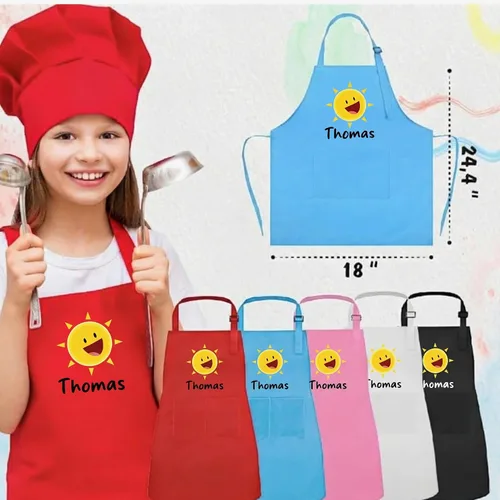 Miniatura 5 de Delantal con nombre personalizado para niños con sombrero de chef, delantal impermeable para cocinar, hornear, arte, pintura, regalo de cumpleaños