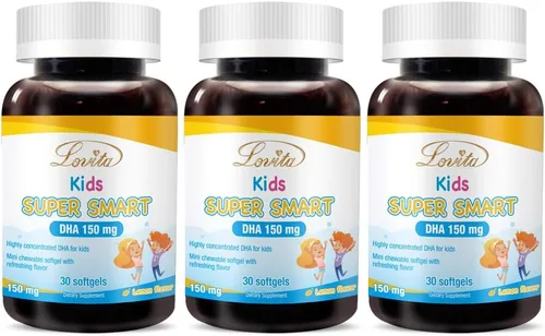 LOVITA DHA súper inteligente para niños, 150 mg de DHA y 30 mg de EPA de ácidos grasos Omega 3, apoya la salud cerebral, sabor natural a limón, 30