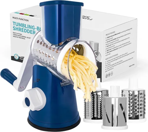 X Home Rallador de queso giratorio para cocina, triturador con 3 cuchillas intercambiables, rallador giratorio con mango y base de succión fuerte,