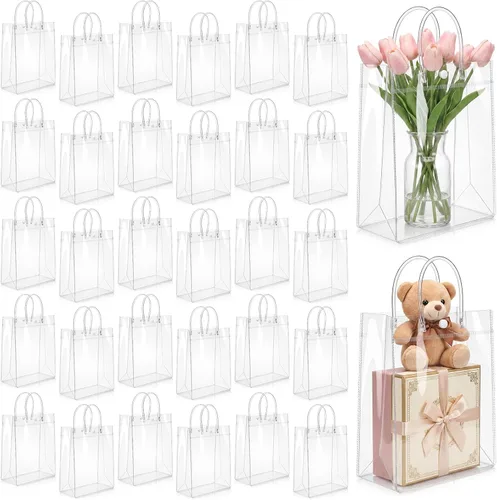Miniatura 13 de LEIFIDE 50 bolsas de regalo de plástico transparente con asas PVC reutilizables, bolsas de lona transparentes para golosinas, cumpleaños, fiesta