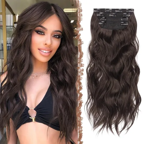 Miniatura 17 de FESHFEN Extensiones de cabello con clip - 4 piezas Extensiones de cabello sintético ondulado largo y grueso con clip para cabeza completa