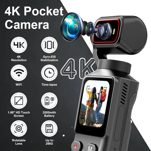 Miniatura 2 de Cámara de mano 4K para vlogging, cámara de acción de bolsillo WiFi, cámara corporal antivibración para viajes, videocámara de YouTube con tarjeta SD