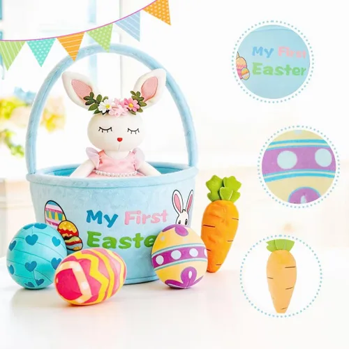 Miniatura 3 de Cesta de peluche de conejo de Pascua, paquete de 5 juguetes de peluche de zanahoria de huevo de Pascua, cestas de regalo para bebés, juguete de caza