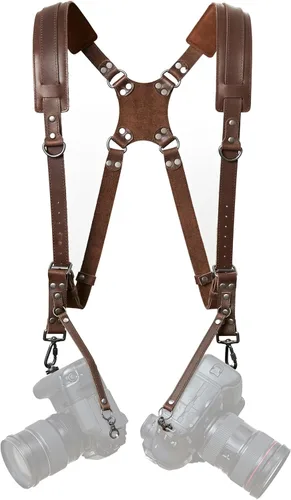 Miniatura 12 de Padwa Lifestyle Correa de arnés de doble cámara esmerilada negra para dos cámaras, arnés de cuero de grano completo de doble hombro