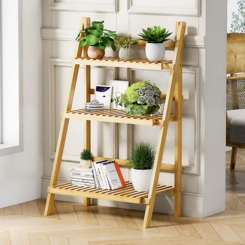 Miniatura 4 de OAKVIVO - Estantería de escalera plegable de 39.4", Estantería de bambú de 3 niveles, para macetas, estante de exhibición en forma de escalera