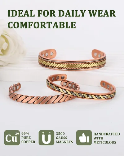 Miniatura 2 de MagEnergy Pulseras de cobre para mujeres y hombres, juego de 3 piezas, terapia magnética, pulsera hecha a mano 100% cobre, caja de regalo de joyería