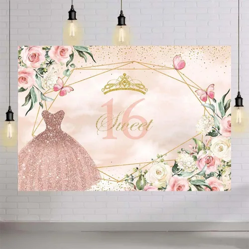 Miniatura 4 de AIBIIN Telón de fondo de cumpleaños de 7 x 5 pies, vestido rosa, floral, corona dorada, puntos con purpurina, decoración de fiesta de cumpleaños