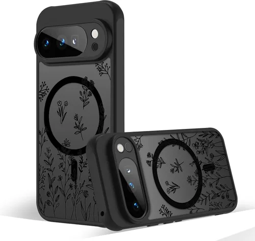 Miniatura 25 de Funda magnética para Google Pixel 10A [Compatible con MagSafe] Funda con patrón floral de flores negras para mujeres y niñas, con borde de TPU Rama