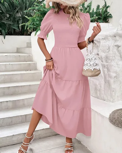 Miniatura 27 de BTFBM Vestidos para mujer, cuello redondo, casual, de verano, con volantes, manga corta, bohemio, con niveles, fruncido, largo, con estampado floral