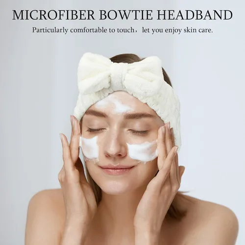 Miniatura 4 de Hicarer 3 piezas de diadema para el cabello para lavar la cara para mujeres, diadema de microfibra con moño para la ducha para mujeres y niñas blanco