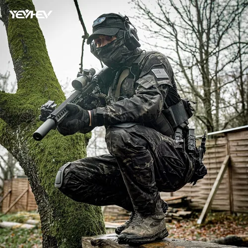 Miniatura 2 de YEVHEV G3 Camisa de camuflaje con coderas para hombres, uniforme táctico de caza, equipo de paintball Negro camuflaje/ volt/ blanco
