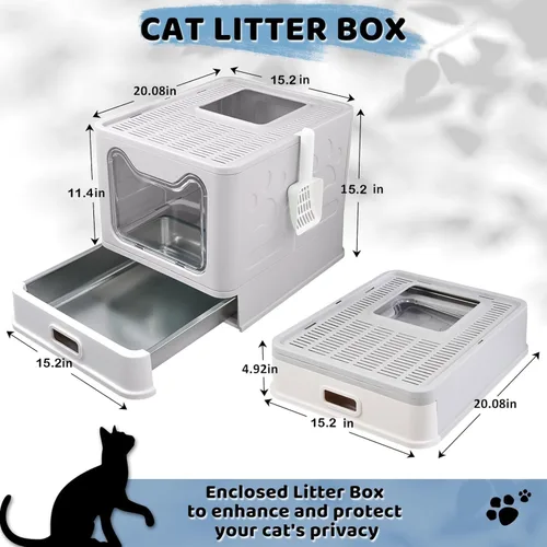 Miniatura 3 de Caja de arena cerrada para gatos con tapa cubierta de salida superior, caja de arena de acero inoxidable de metal a prueba de fugas e inodora, fácil