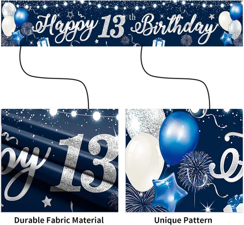 Miniatura 6 de Domgoge Cartel de decoración de feliz cumpleaños número 13, grande, azul y plateado, cartel de feliz cumpleaños de 13 años, suministros