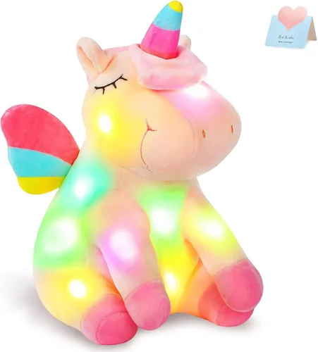Miniatura 10 de Peluche de unicornio verde iluminado con luces LED coloridas de noche que brillan en el día del niño, cumpleaños, día de San Valentín, para niños