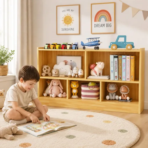 Miniatura 10 de HONEY JOY Organizador de almacenamiento de juguetes para niños, estante de almacenamiento de 5 secciones para preescolar, 2 niveles de madera Natural