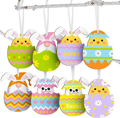 Qunclay 40 piezas de adornos de Pascua, huevos de Pascua, huevos de Pascua, letreros colgantes para árbol, conejo, rebanadas de madera, recortes de