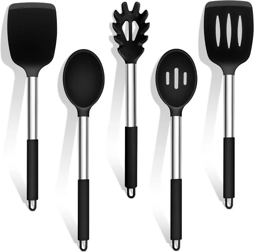 Miniatura 8 de TeamFar Juego de utensilios de cocina de silicona, 5 utensilios de cocina a prueba de calor con mango de acero inoxidable, girador/cuchara/servidor