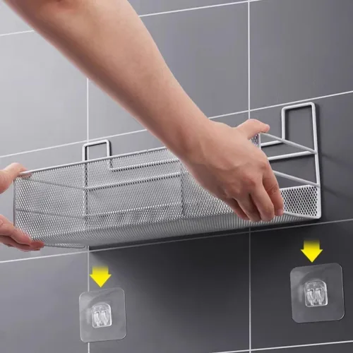 Miniatura 6 de Estantes de baño, organizador de baño de montaje en pared con 2 compartimentos, alambre de metal sin taladrar cesta organizadora para cuarto de Negro
