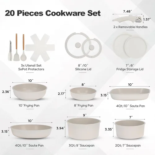 Miniatura 2 de Juego de 20 ollas y sartenes de cerámica antiadherentes, juego de utensilios de cocina con asas desmontables, apto para horno, listo para inducción