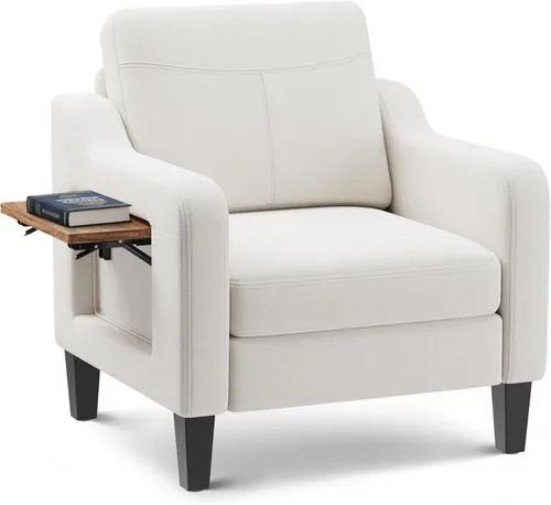 Silla de acento para sala de estar, sillón moderno tapizado en lino, silla de sofá lateral de tela con estructura de madera con mesa plegable, 2